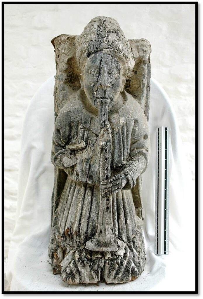 Angel Musician wooden carving: front view and side views