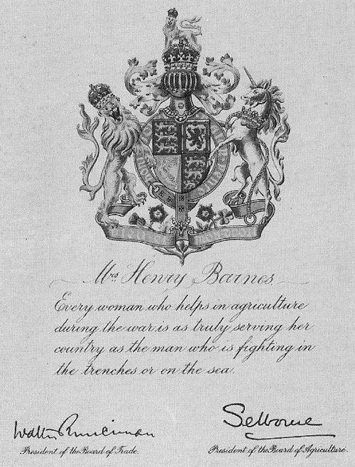 Women's Land Army Certificate 