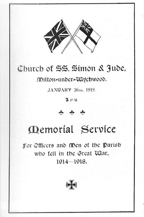 Front cover of the service sheet for the service held at Milton Church, 1919
