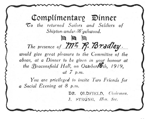 Invitation to the dinner held in Shipton, 1919.