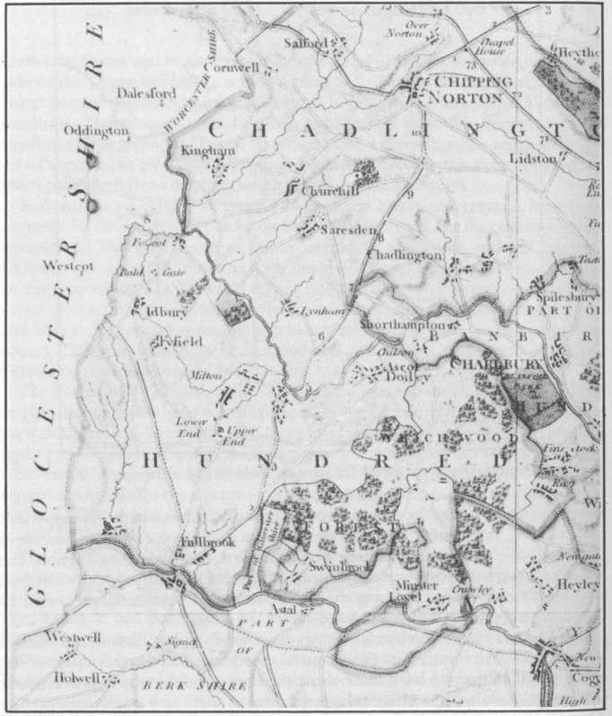 Shipton under Wychwood on the road from Burford to Chipping Norton (Davis Map 1797)