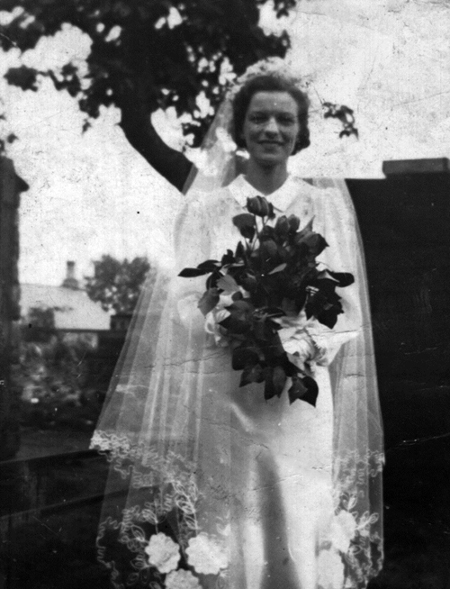 Joan Hall in her wedding dress